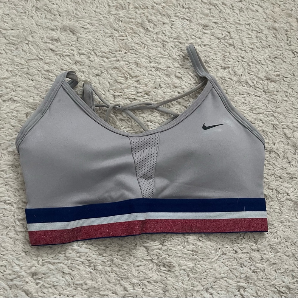 Nike Gray, Red, White, and Blue Sports Bra with Compression Fit